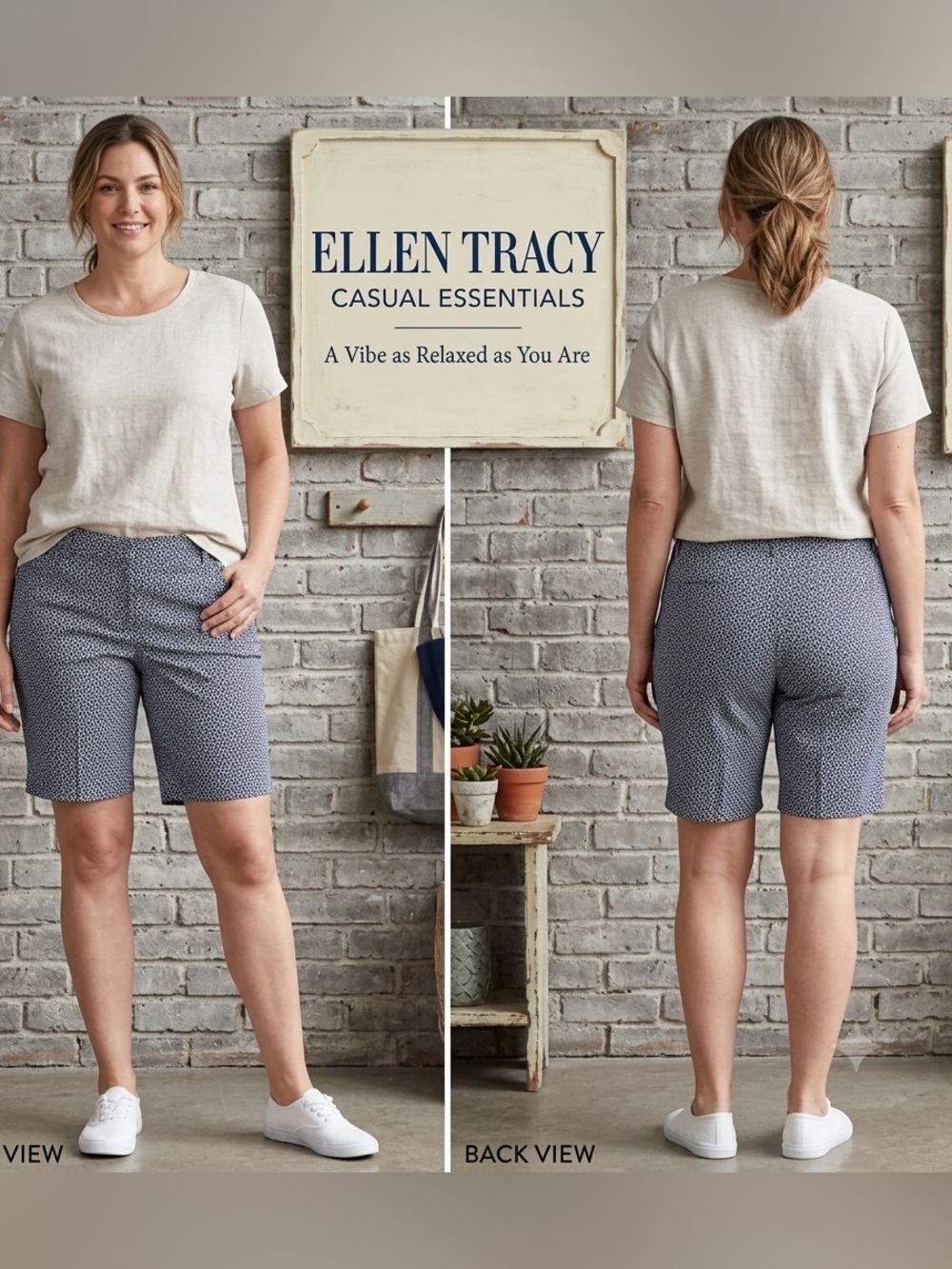 Ellen Tracy Blue/White Diamond Circle Print Shorts 12